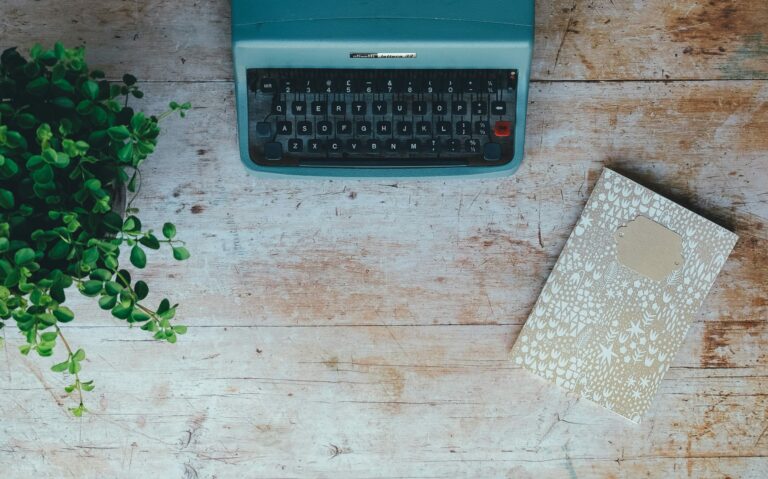 Machine à écrire turquoise, carnet et plante sur une table de bois blanchi