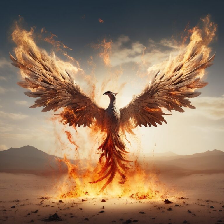 Phénix aux ailes de feu qui s'élève des flammes