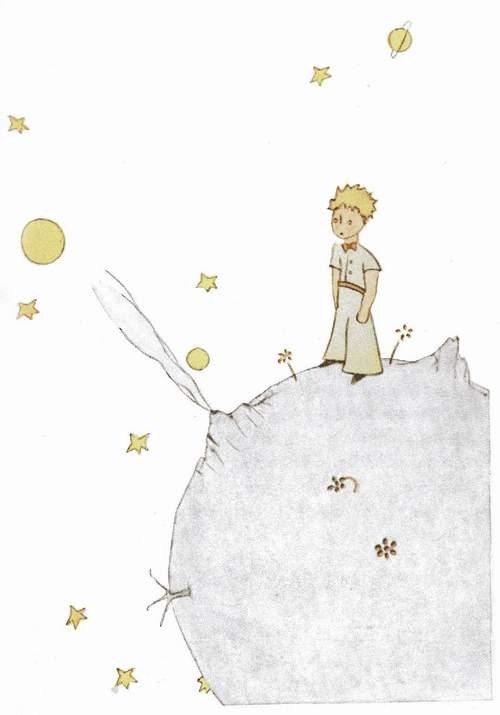 Le petit prince sur sa petite planète, l’astéroïde B 612, parmi les étoiles