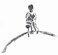 Le petit prince marche sur sa planète, au loin de sa fleur