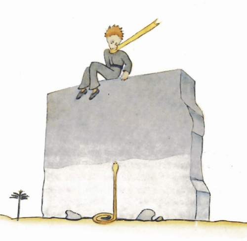Le petit prince assis sur le vieux mur, le serpent jaune à ses pieds