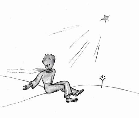 Le petit prince assis dans le sable, sous les étoiles