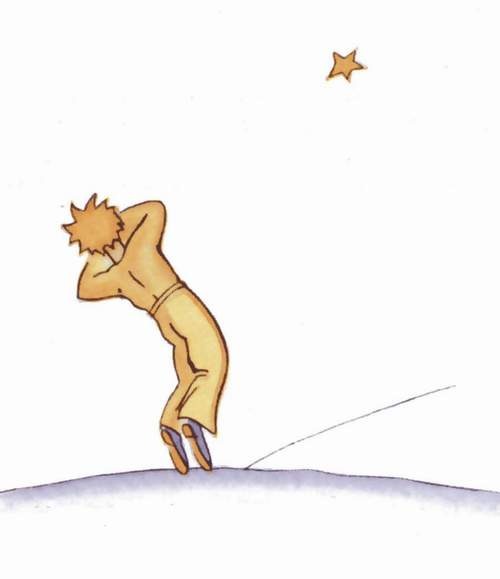 Le petit prince tombe doucement dans le sable, sous son étoile