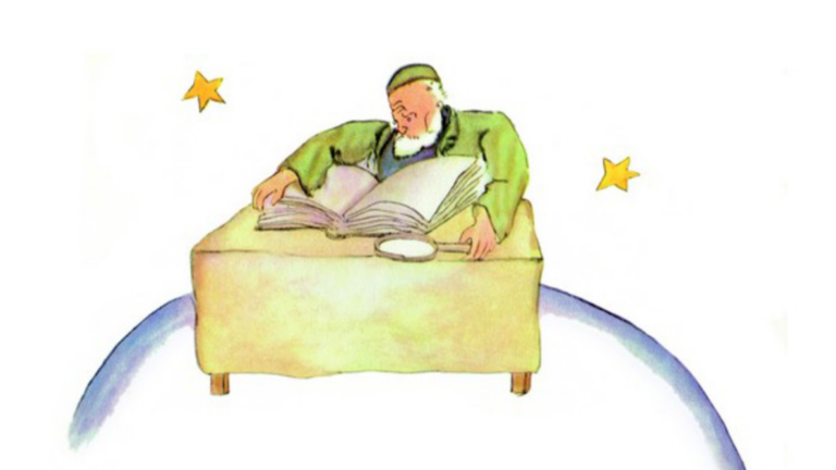 Le géographe du Petit Prince penché sur son grand livre, sur sa planète